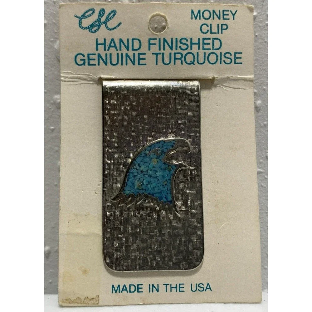Vintage ESE Crushed Turquoise Inlay Eagle Money Clip Native Inspired Made In USA